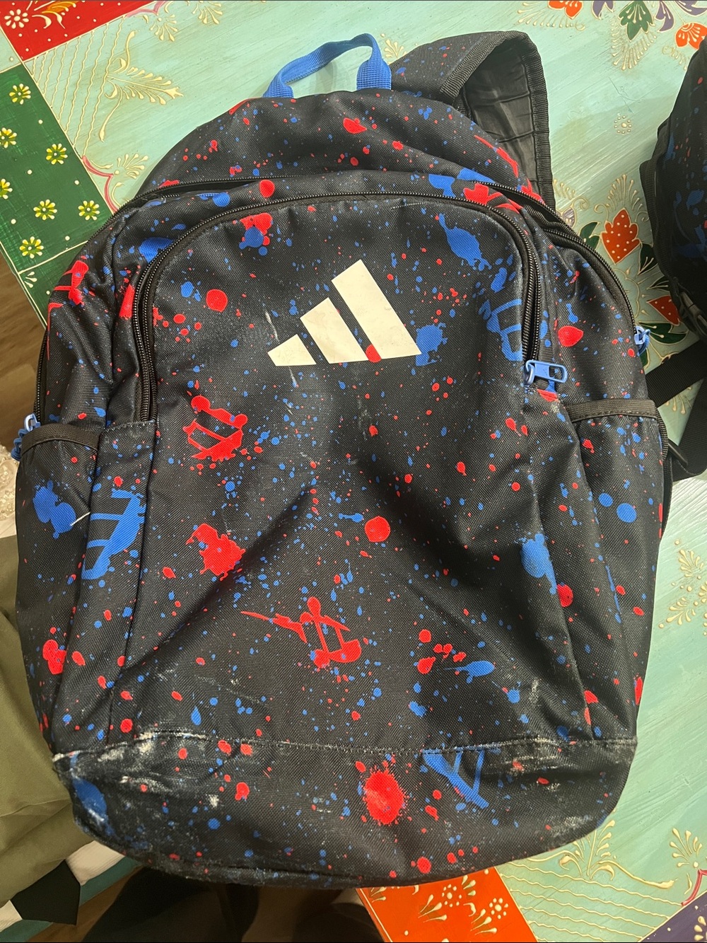 adidas Black Backpack with Red & Blue Paint Splatter